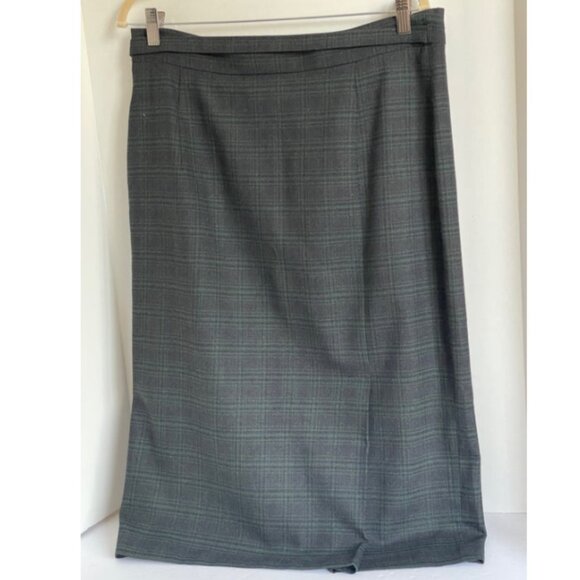 Max Mara Midi Skirt Large Green Plaid Wool Blend Straight Belted Lined Large - Picture 5 of 10